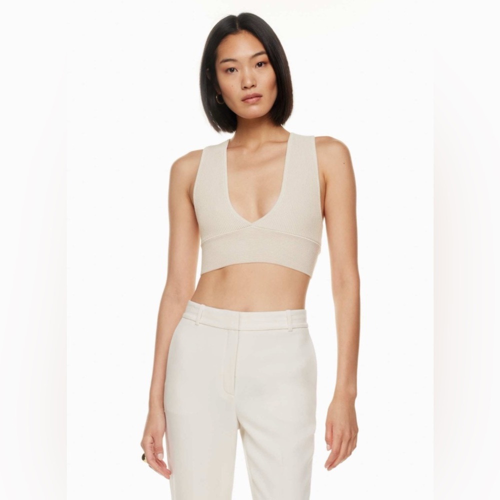 Babaton Aritzia Sculpt Knit Deep V Tank Ribbed Cropped Matte Pearl Size Small